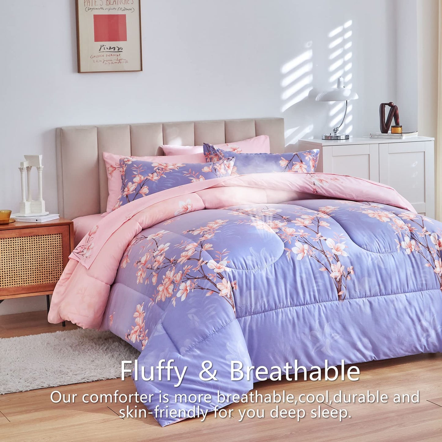 AIKASY Pink and Light Purple Queen Comforter Set with Sheets,Bed in a Bag 7-Pieces,Branches and Flowers Printing Design,Ultra Soft Down Alternative All Season Bedding Set(Queen,Blossom Stem)