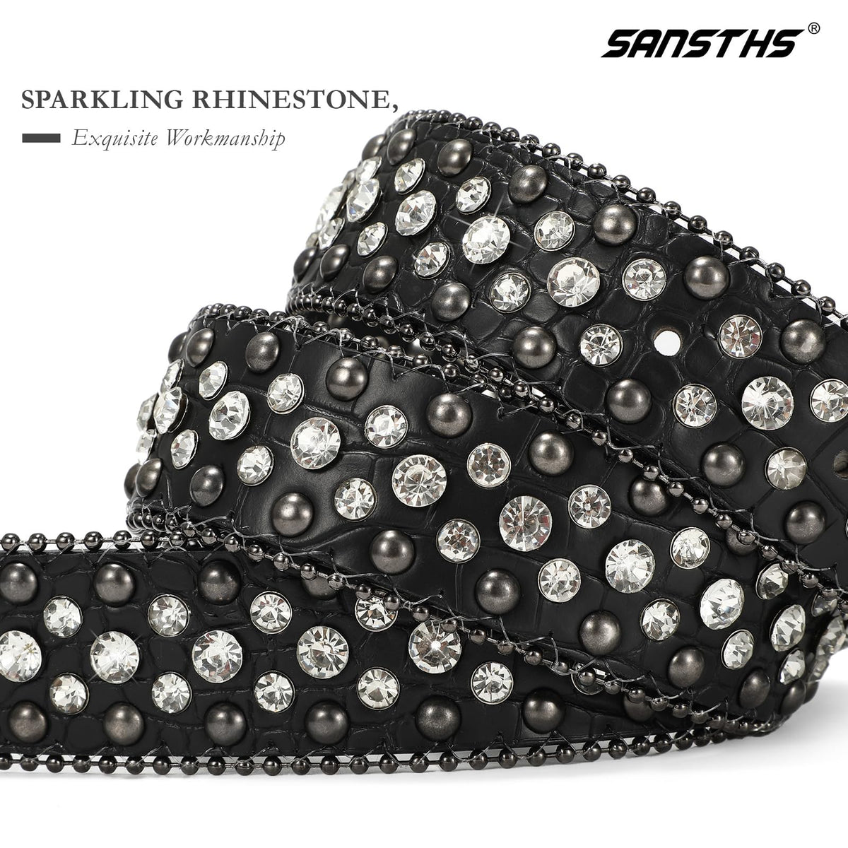 SANSTHS Women Rhinestone Belt for Jeans, Western Cowgirl Bling Studded Belt Faux Crocodile Grain Leather, Black L