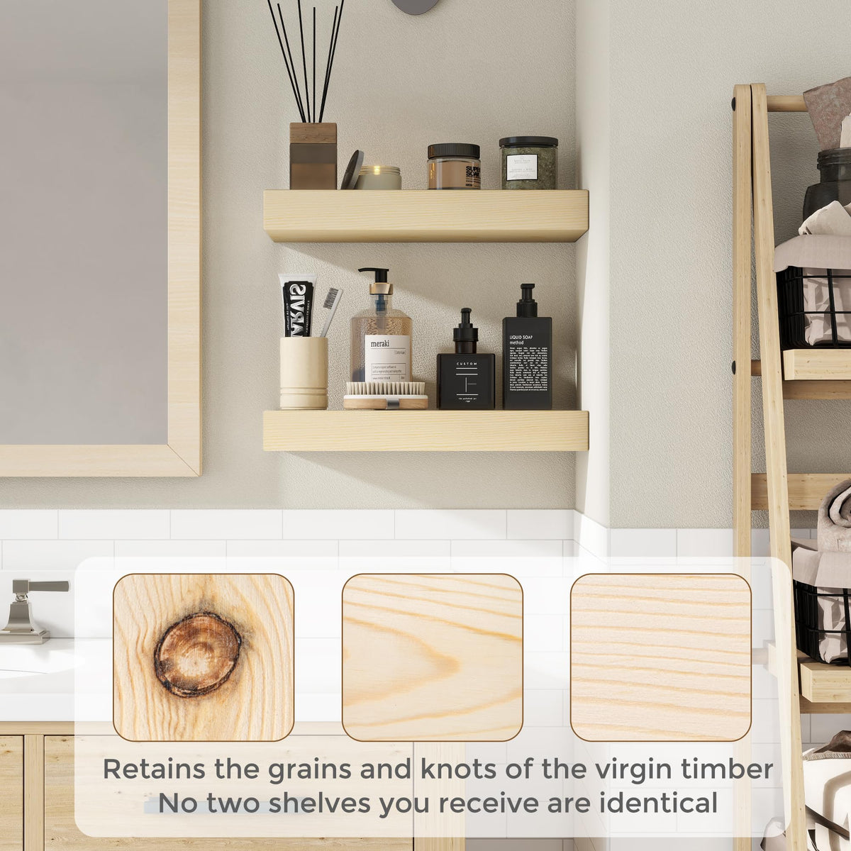 Marsmiles Natural Floating Shelves for Wall - 24 Inch Unfinished Wooden Floating Shelves Set of 2-24 Inch Wide x 7.7 Inch Deep x 1.6 Inch Thick Natural Wood Shelves for Room Wall