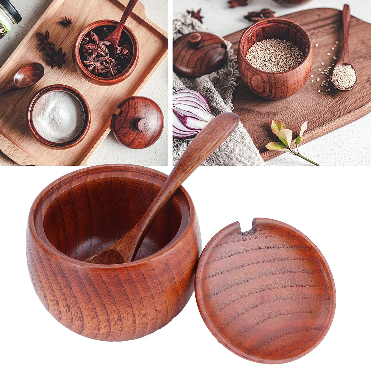 MOUMOUTEN Wood Spice Pot, Natural Wooden Salt Cellar with Lid and Spoon, Sugar Container Vintage Spice Jar Seasoning Container Cooking Utensil for Serving Condiment Chili Powder