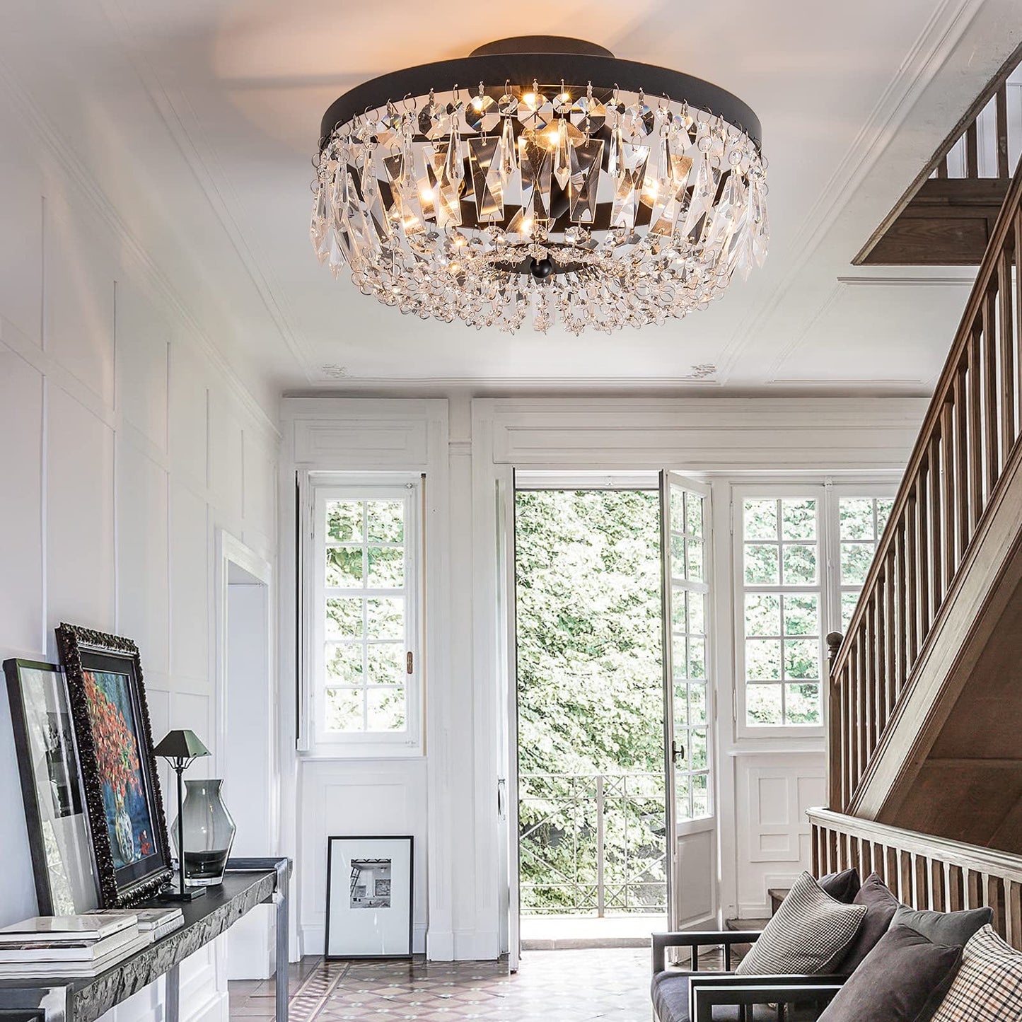 KSRYSZCQ Black Crystal Ceiling Light, 15''Modern Semi Flush Mount Ceiling Light Fiture 4-Light Crystal Chandelier with E12 Bulb for Dining Room, Kitchen Island, Bedroom Hallway