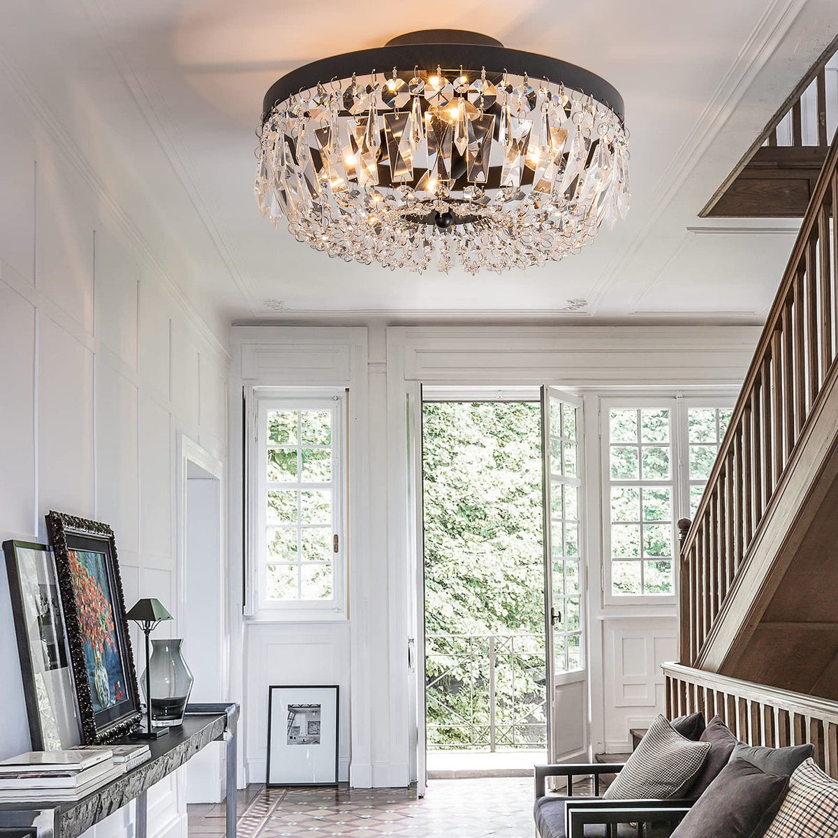 KSRYSZCQ Black Crystal Ceiling Light, 15''Modern Semi Flush Mount Ceiling Light Fiture 4-Light Crystal Chandelier with E12 Bulb for Dining Room, Kitchen Island, Bedroom Hallway