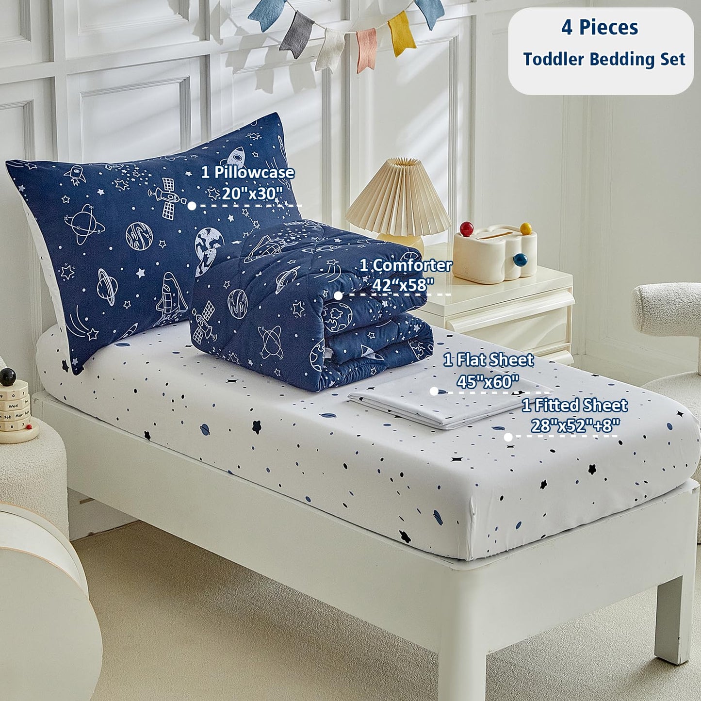 DuShow Navy Blue Toddler Bedding Set for Boys,4 Pieces Space Crib Bed Sheets Set,Soft Toddler Comforter Set in a Bag, Includes Quilted Comforter, Flat Top Sheet, Fitted Sheet, Envelope Pillow Case