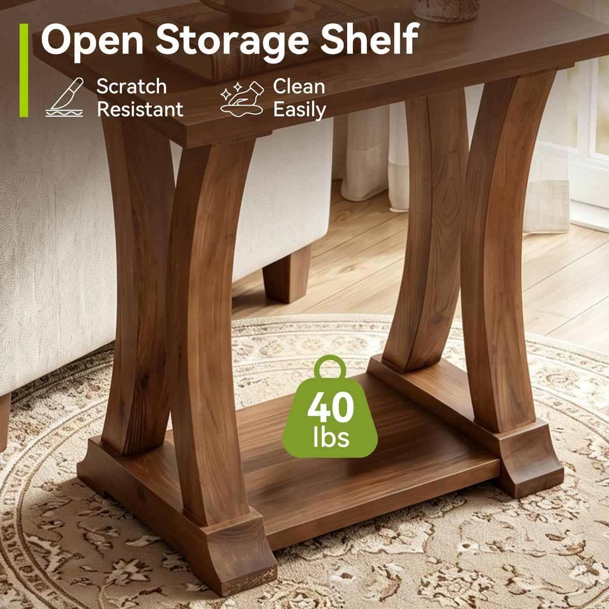 LITTLE TREE Solid Wood End Table, Narrow Side Table with Lower Storage Shelf, Rustic Accent Sofa Side Table for Living Room, Bedroom, Small Space