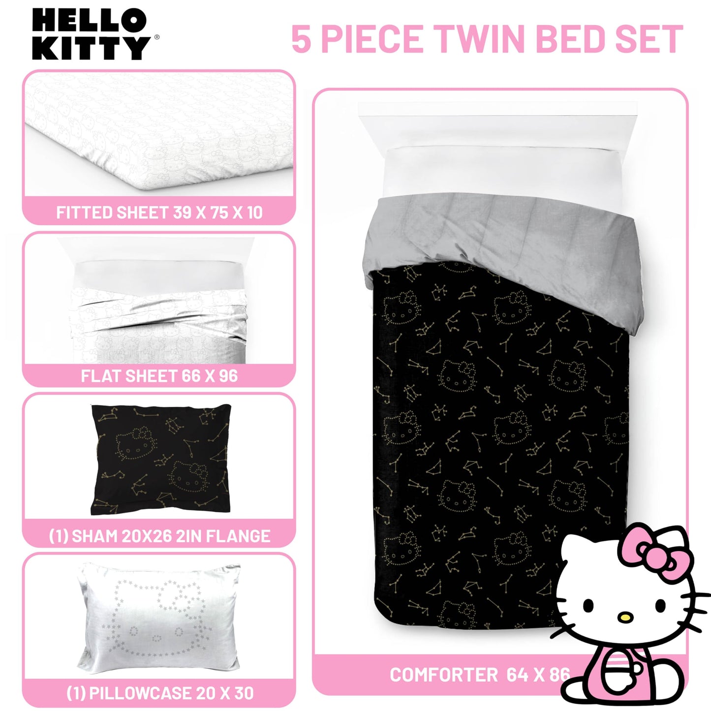 Jay Franco Hello Kitty Stars Twin Comforter Set - 5 Piece Bedding Includes Sheet Set & Pillow Covers - Super Soft Zodiac Black & Gold Bedding