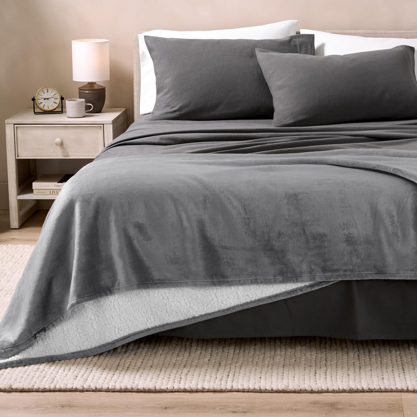 Bare Home Sherpa Fleece Blanket - Full/Queen Size - Blanket for Bed, Sofa, and Couch - Warm & Lightweight - Fluffy & Soft - Reversible (Full/Queen, Grey)