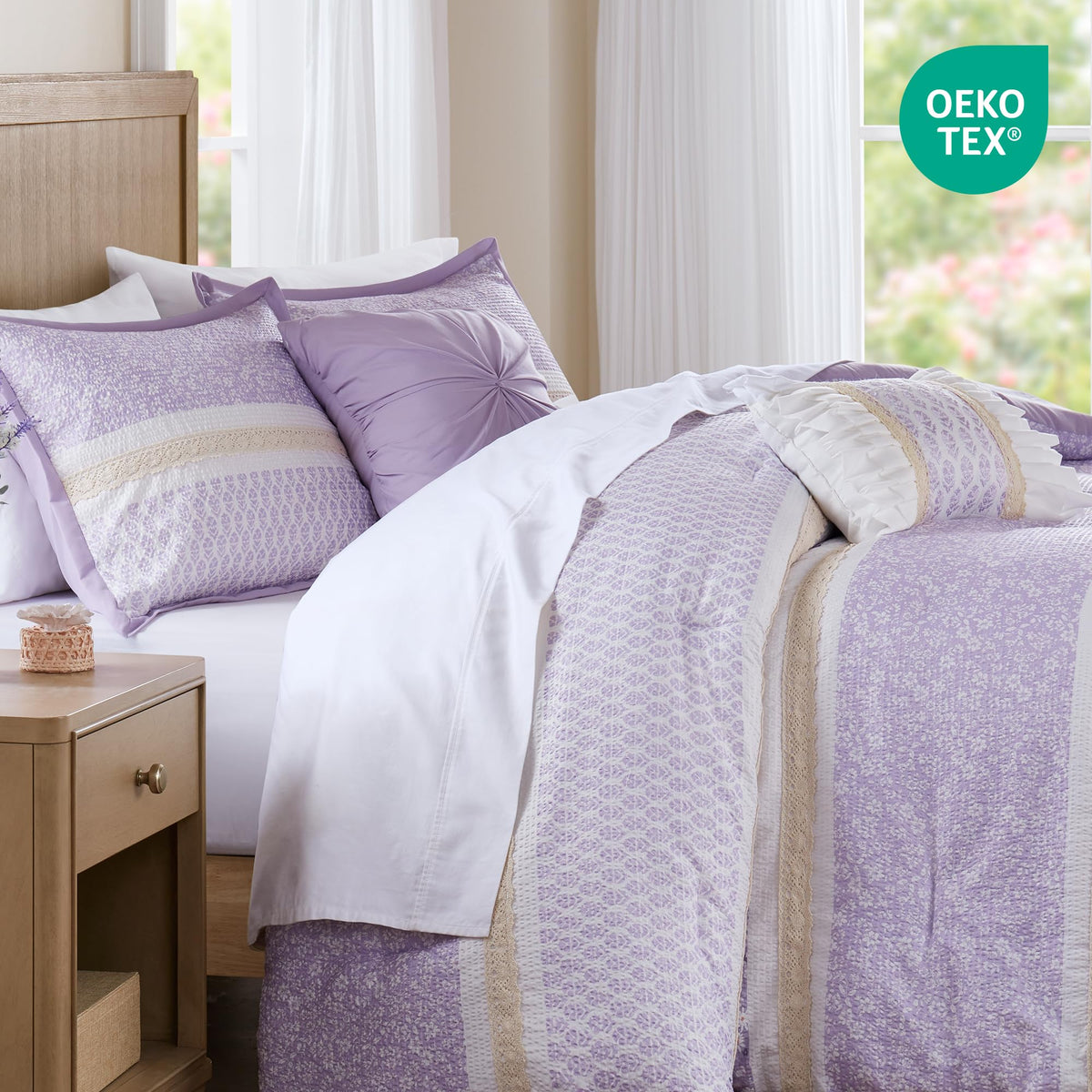 Madison Park Comforter Set, Seersucker Floral King Size Comforter Sets, Microfiber Comforters, All Season Lightweight Comforter, Throw Pillows, Caralie, King/Cal King Purple 5 Piece