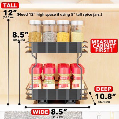 SpaceAid Pull Out Spice Rack Organizer for Cabinet, Heavy Duty Slide Out Seasoning Kitchen Organizer, Cabinet Organizer, with Labels, 4.5" W x10.75 D x8.5 H, 1 Drawer 2-Tier