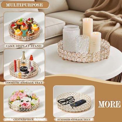 Elegant Decorative Trays & Crystal Fruit 4pcs Set, Crystal Tea Light Holder - Wedding Centerpieces for Holidays, Home Table Decorations, Fruit Displays and Candle Holders (Gold, Round Set of Four)