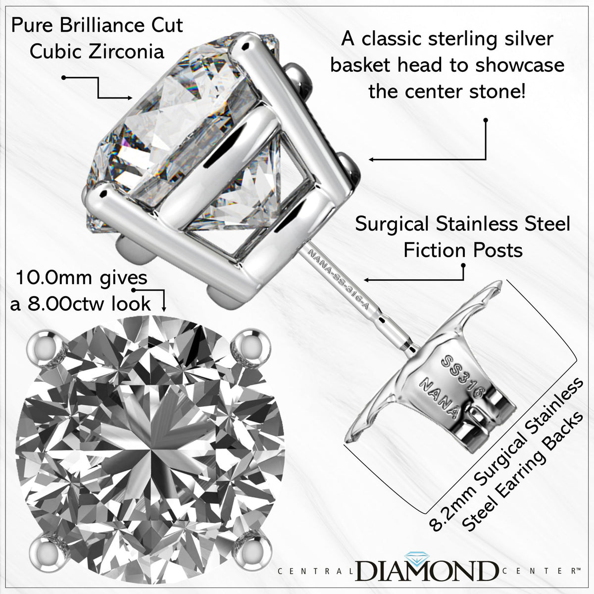 Central Diamond Center Round Simulated Diamond Stud Earrings Hypoallergenic Metal & Sterling Silver CZ - 10.0mm (8.00cttw) Yellow