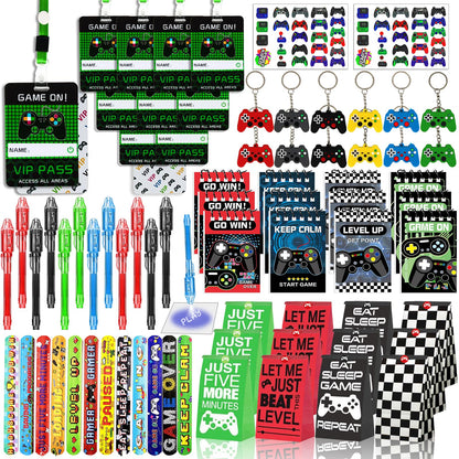 146 Pcs Video Game Party Favors, Gamer Party Favor -Ink Pen Notebook VIP Passes with Lanyards Slap Bracelets Keychains Bags Tattoo Stickers for Kids Gaming Party Favors Game On Birthday Partys Favor