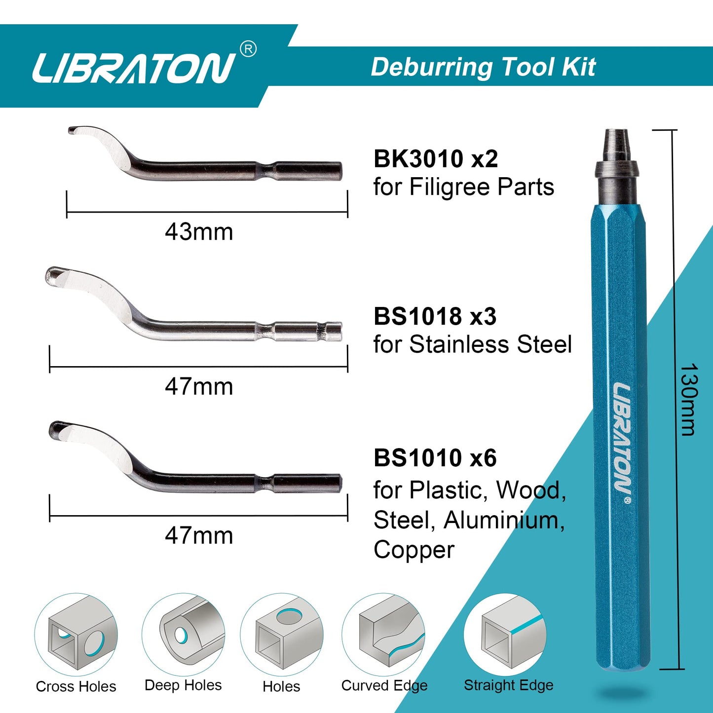 Libraton Deburring Tool with 11PCS High Speed Steel Blades, Aluminum Handle, 360 Degree Rotary Design Burr Remover for Metal, Resin, Aluminum, Copper, Plastic, 3D Printing, Wood