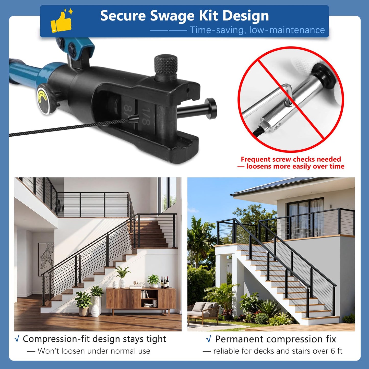 Zylorix 16ft-20ft Modular Cable Railing Post Kit 42" T304 Stainless Steel 5 Level Post Kit, Surface Mount Black Cable Railing System for Decks Length Adjustable Easy DIY, 259ft 1/8" Wire(No Handrail)