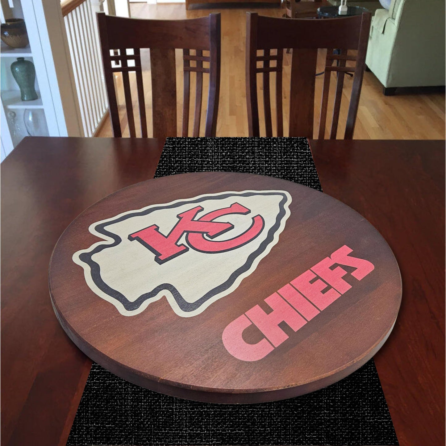 18” Wooden Lazy Susan - Kansas City Chiefs Logo by Fan Creations - Decorative Turntable Rack for Kitchen, Storage, Dining Buffet Tables - Tabletop Accessory for Game Day, Parties, Man Cave