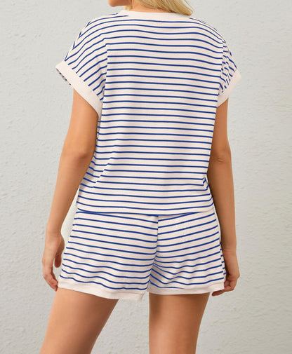 MISSACTIVER 2 Piece Lounge Set Women Stripe Knit Short Sleeve Tee Shirts Shorts Casual Summer Loungewear Shorts Sets