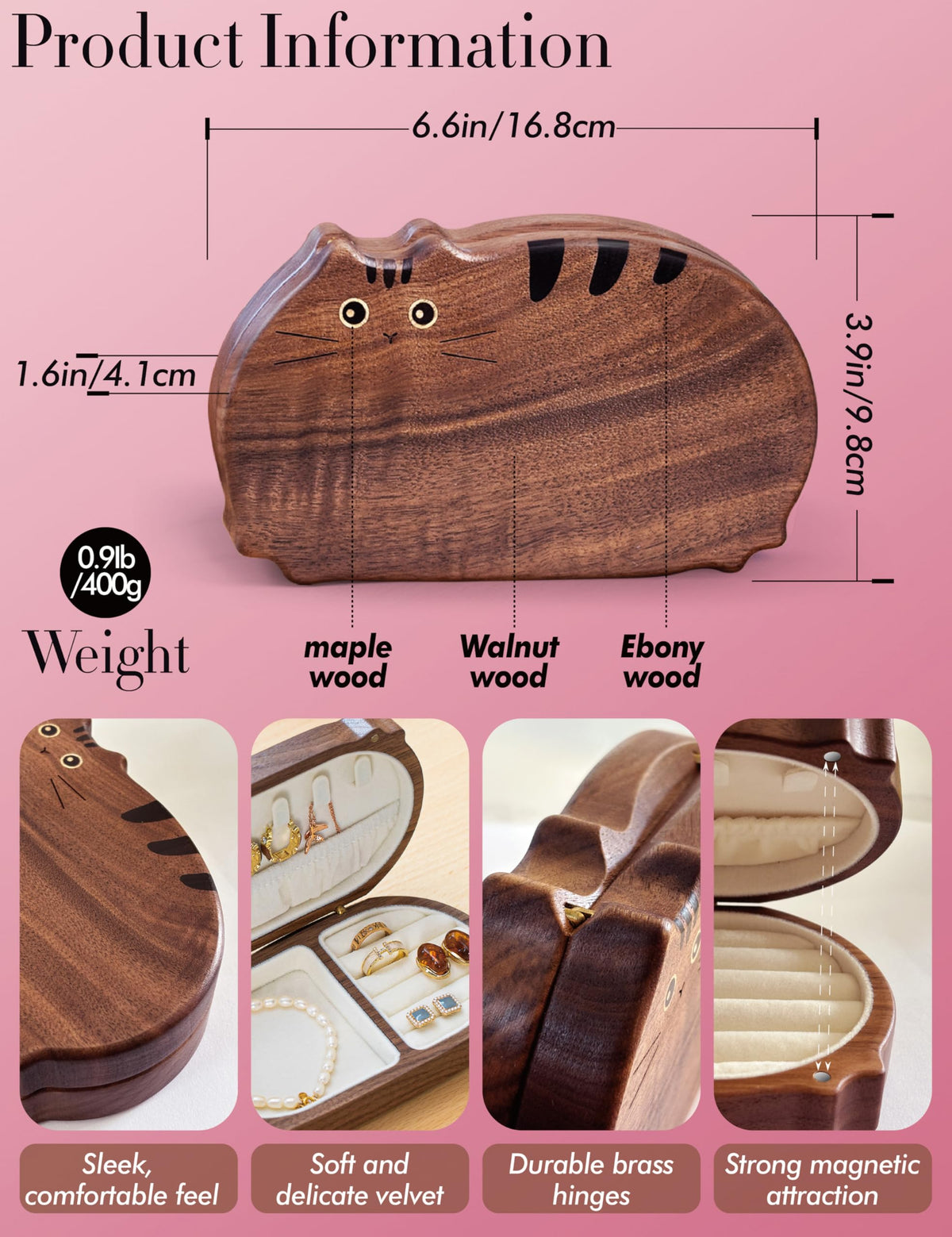 WODTILIFE Personalized cute cat jewelry box, portable travel jewelry case with mirror, Walnut Solid Wooden jewelry organizer, Stores rings, necklaces, earrings, bracelets, Gift for the woman you love.