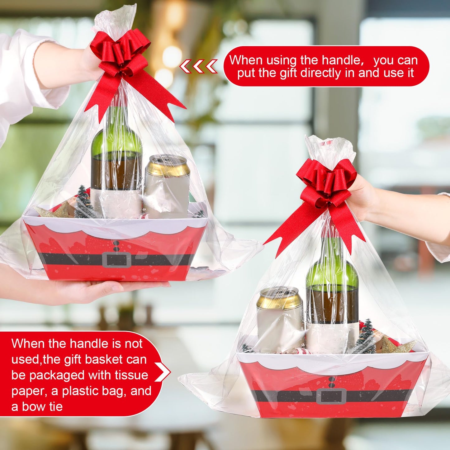 Yeaqee 36 Pcs 12 Pack 8 x 10 inch Christmas Baskets for Gifts Empty Santa Belt Cardboard Baskets Bags Kit Red Pull Bows Wine Basket for Xmas