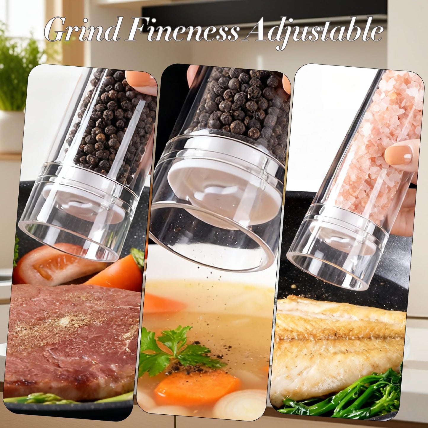 2 Pack 6'' Acrylic Salt and Pepper Grinder Set with Wood Base, Manual Pepper and Salt Mills with Adjustable Ceramic Core (Oak Wood)