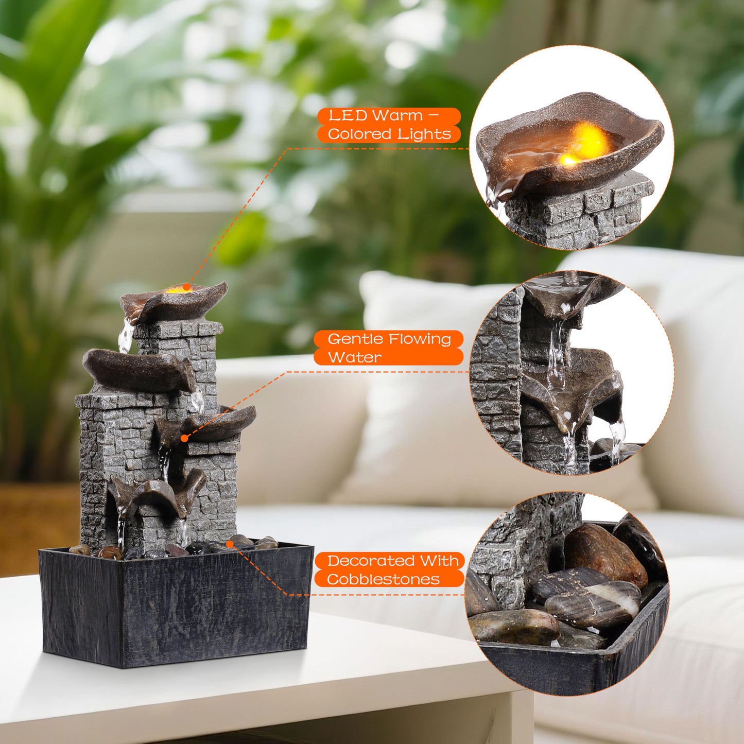 MAOCHI Tabletop Indoor Water Fountain Cascading with 3-Tier Bowl Brick Wall Design with LED Light Tabletop Zen Decor