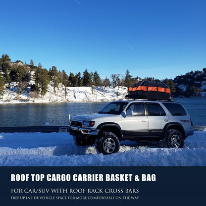 MeeFar Roof Rack Carrier Basket Universal Rooftop 65" X 39" X 6" Large Size Roof Rack + Waterproof Bag 20 Cubic Feet (51" 40" 17"), and Cargo Net with Attachment Hooks, Ratchet Straps