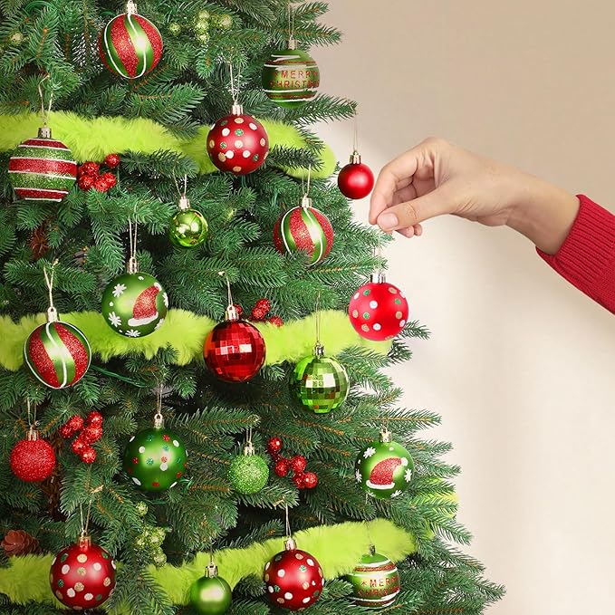 57pcs Christmas Balls with Green Fur Plastic Christmas Baubles for Tree Decoration Red Green Glittering Hanging Xmas Balls with Swirl Candy Cane for Home Holiday Party Indoor Decor