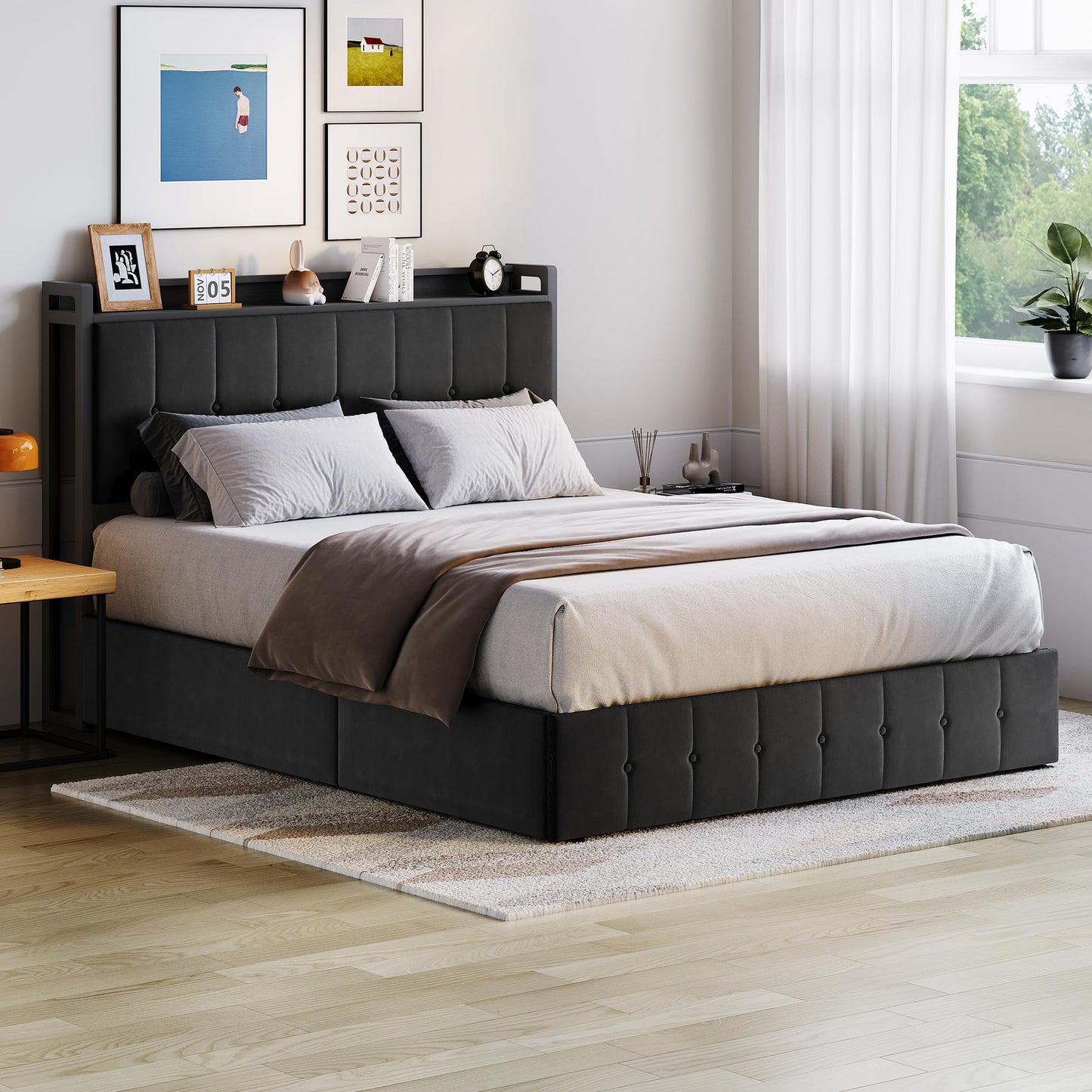 IDEALHOUSE Full Bed Frame with Lift Up Storage, Upholstered Velvet Bed with Storage Headboard, Metal Platform Bed, Button Tufted Headboard, No Box Spring Needed, Solid Wooden Slats, Black