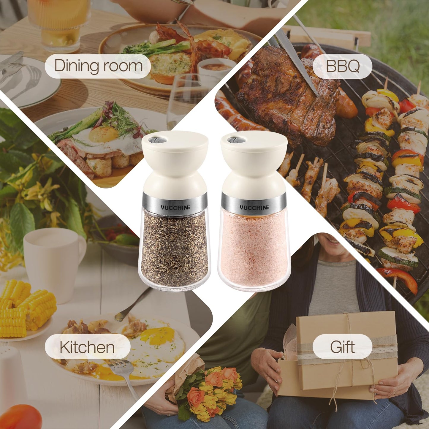 Vucchini Salt and Pepper Shaker Set 3 Adjustable Pour Holes, Dishwasher Safe, 5oz Large Capacity Spice Shaker for Kitchen & Camping (Cream)