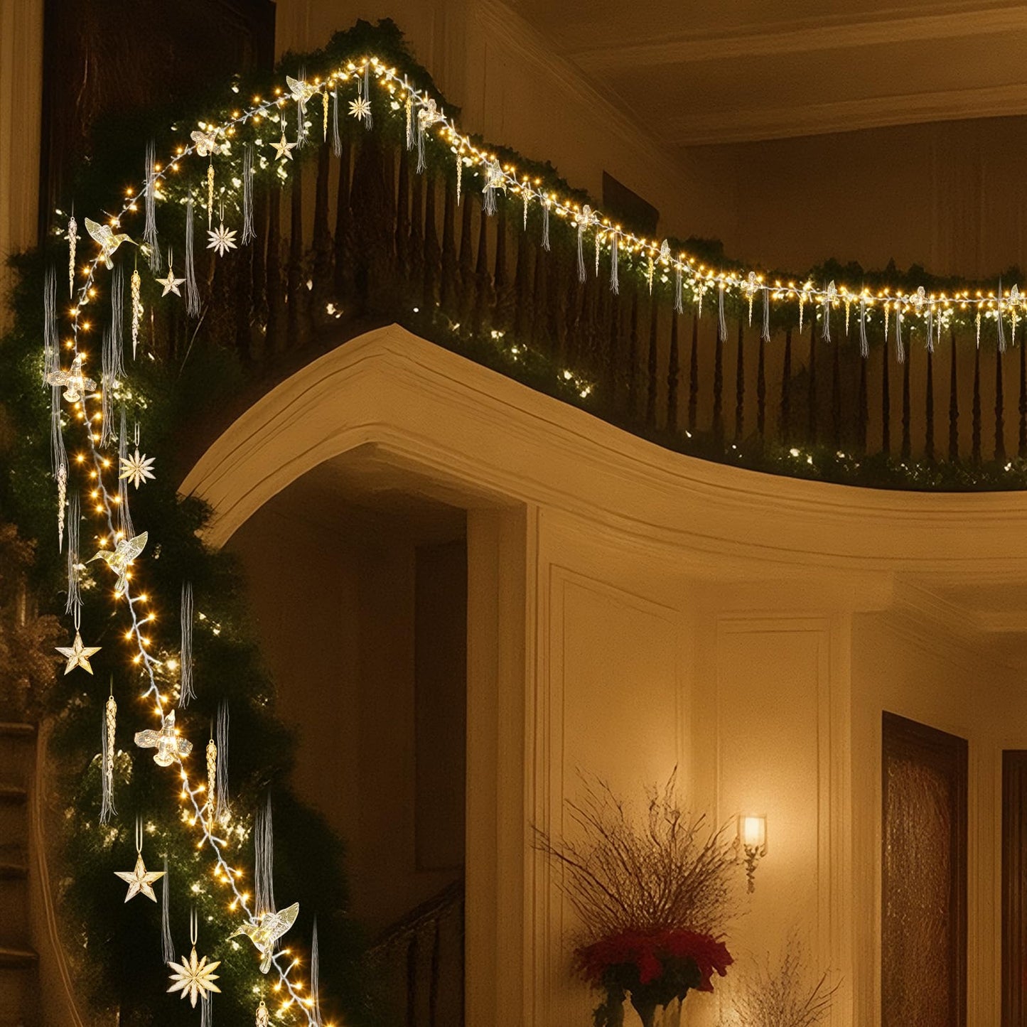 Mudder 49 ft Christmas Tree Ring Lights with Clear Ornaments Acrylic Hummingbird Snowflake Star Icicle and Iron Wire 300 LED Crystal Garland Fairy Lights for Indoor Xmas Tree Winter Party Decor