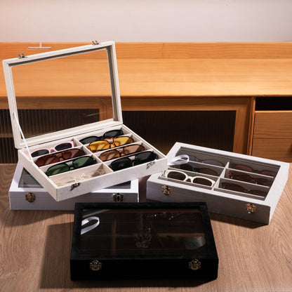Frebeauty Sunglass Organizer,Velvet Glasses Organizer,8-Slot Sunglasses Tray with Clear Lid,Men's/Women's Sunglasses Box,Sunglass Case,13.3 x 9.6 x 2.2 Inches,Eyeglass/Eyewear Display Tray(Beige)