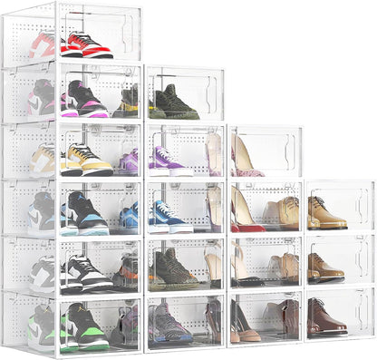 Elechomes Shoe Boxes Clear Plastic Stackable 18 Pack Premium Shoe Organizer Storage for Closet Foldable Shoe Rack Containers Sneaker Display Case Holder Shoe Bin Entryway Drawers Gifts