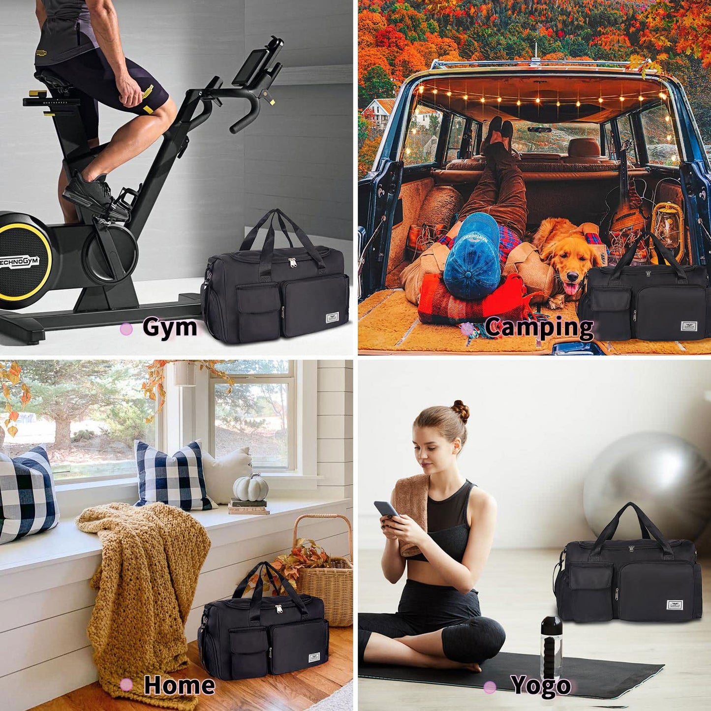 FIORETTO Womens Mens Sports Gym Bag Duffle Bag with Shoes Compartment, Weekend Travel Bag Overnight Bag for Women, Foldable Water Resistant Holdall Hospital for Swimming with Toiletry Bag Black