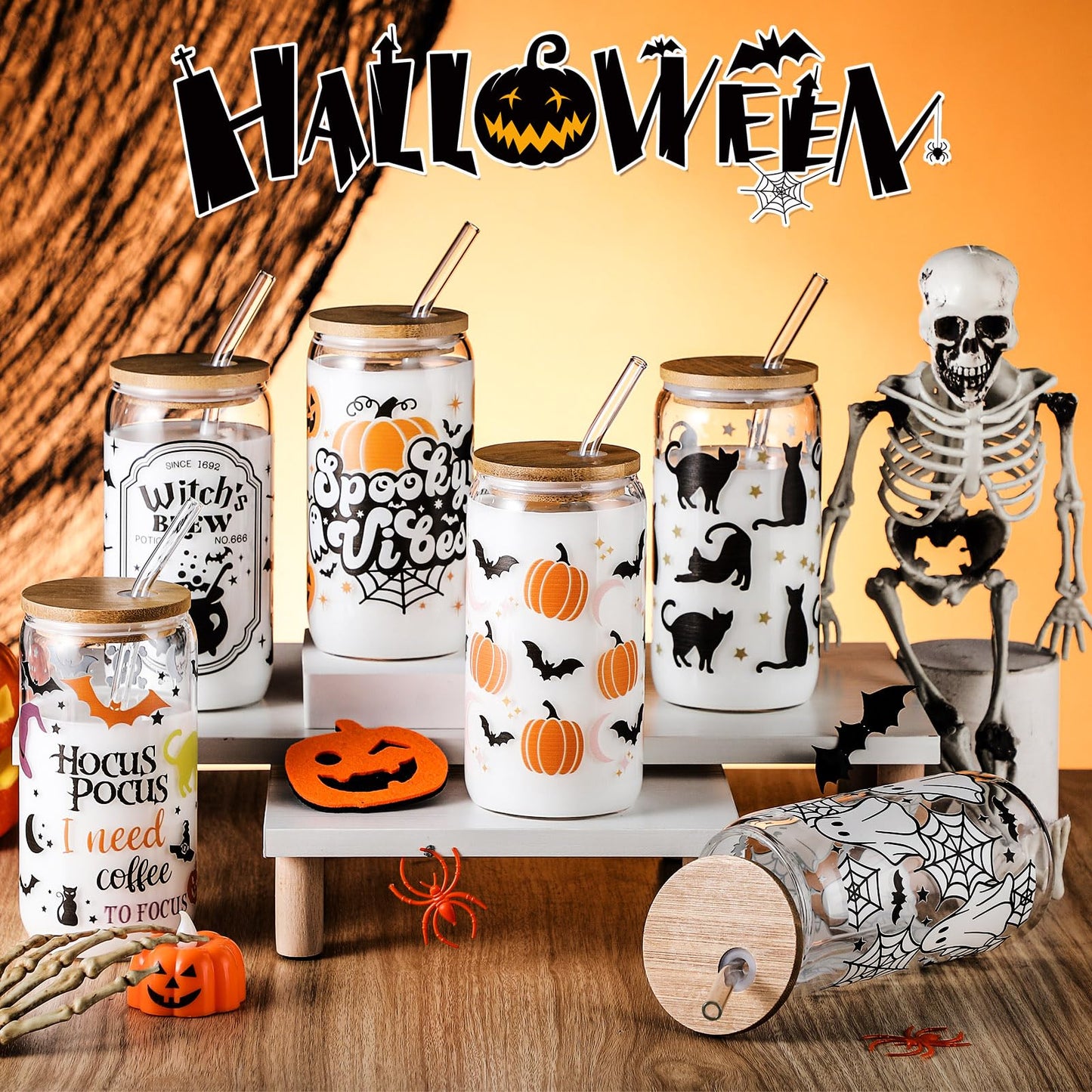 SiliFine 6 Pcs Halloween Drinking Glasses 16 oz Hearts Glass Cup with Bamboo Lid and Glass Straw Can Shaped Beer Glass Reusable Love Smoothie Cup for Women Teenager Valentine Party Birthday Gift