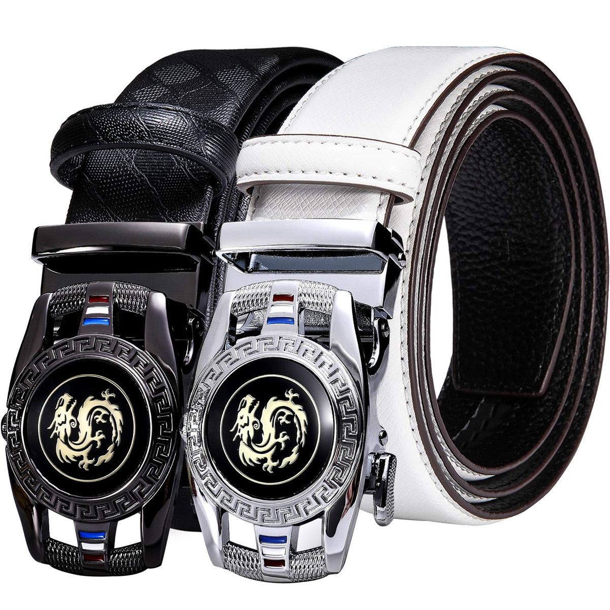 Barry.Wang Mens Ratchet Belt 2 Pack Buckle Gift Set Black Belts Leather Slide White Dragon Strap Adjustable 1 3/8" Wedding Business