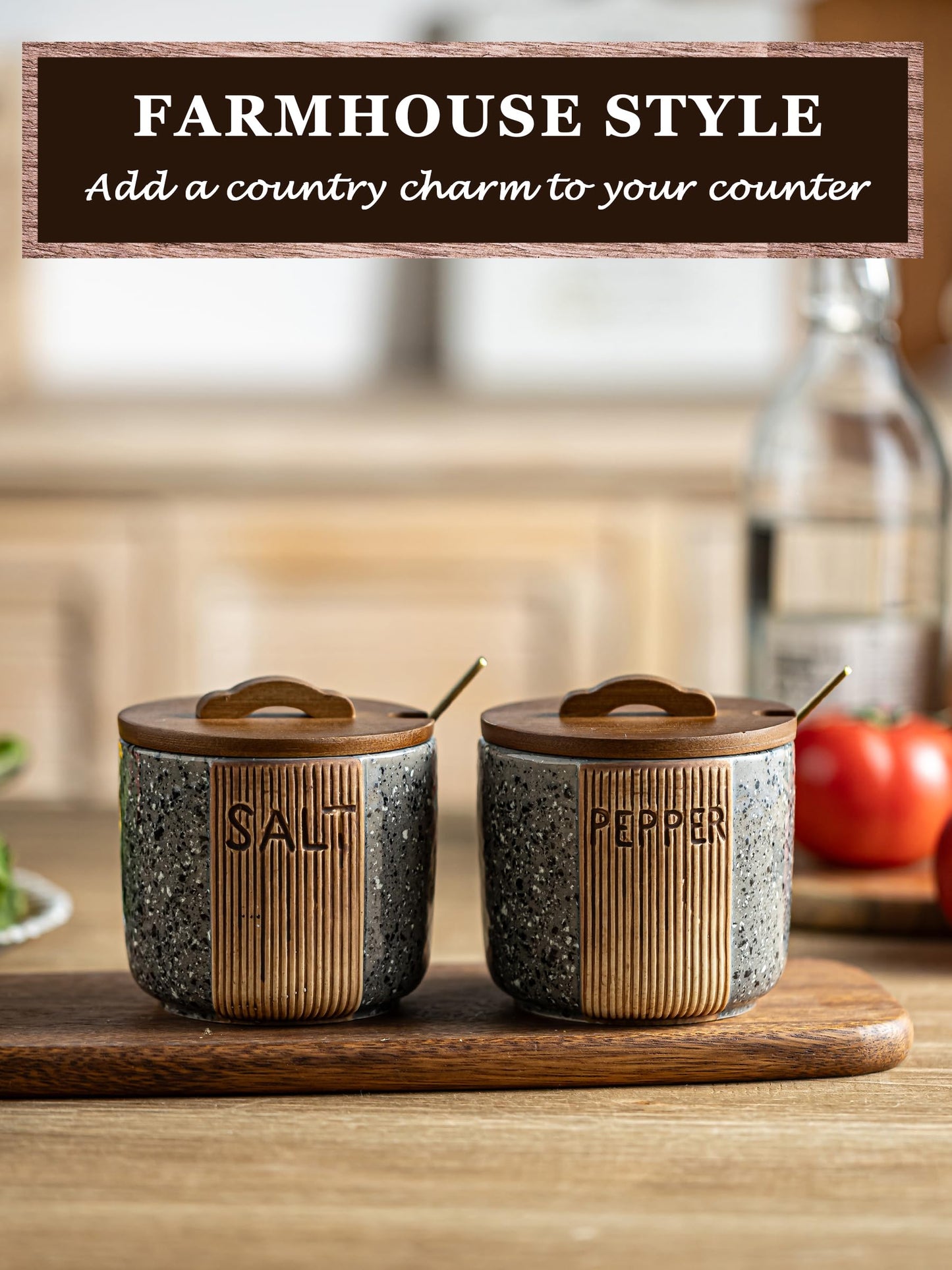 YHOJOY Salt and Pepper Bowl Ceramic, 10 Oz Salt Containers for Countertop Salt Cellar with Wooden Lid and Spoons, Salt and Pepper Set