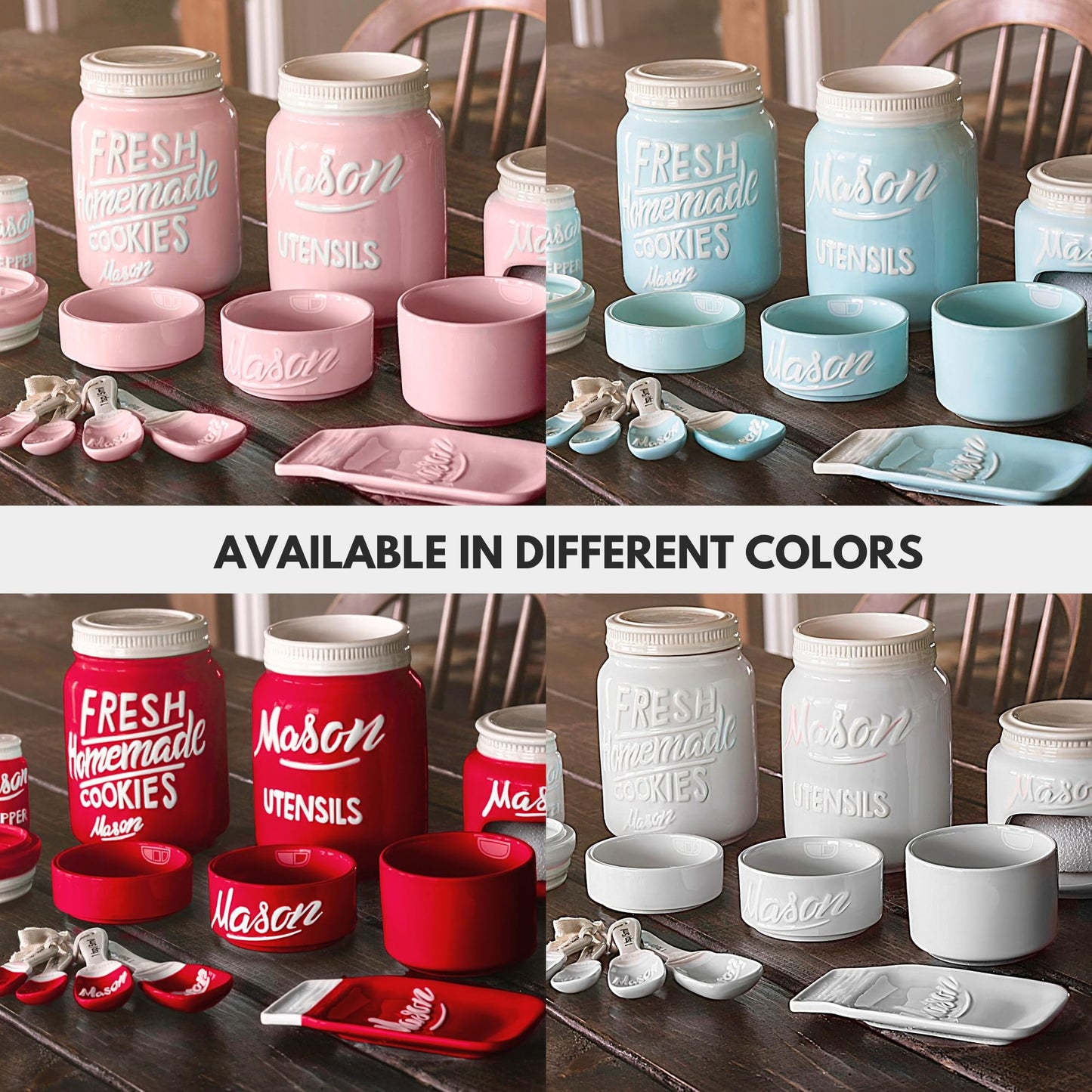 Farmhouse Canisters Sets for the Kitchen - Mason Jar Ceramic Kitchen Utensil Holder, Spoon Rest, Cute Cookie Jar, Salt & Pepper Shaker Sets, Sponge Holder, Measuring Cups & Spoons (Red, 17-Pc Bundle)