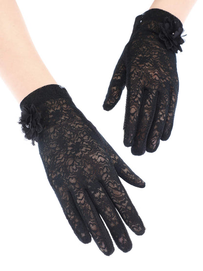SATINIOR Lace Gloves Women Short Fingerless Floral Gloves for Tea Party Wedding Halloween(Floral,Black)