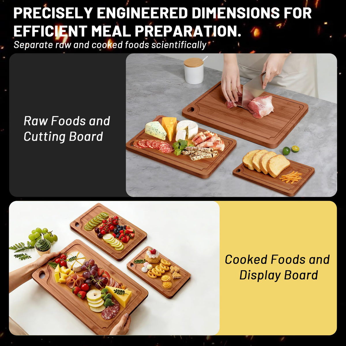 Lacusmall Bamboo Cutting Board for Kitchen, 3Pcs Thickened Wooden Cutting Board Set with Deep Juice Groove, Built-in Handles Durable Chopping Boards for Separating Meat, Vegetables, Fruits, Ideal Gift