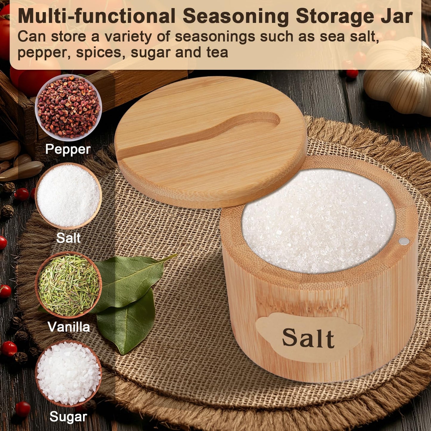 Mulaibdin 2Pcs Salt Cellar, 6 oz Salt Container with Lid and Spoon, Round Salt and Pepper Bowls Storage Box for Countertop Spice Sugar (Style1)