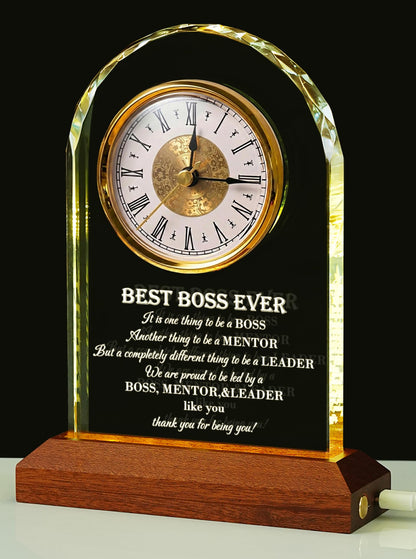 Best Boss Ever Gifts for Men & Women — Glass Desk Clock with Wooden Light Base | Boss Appreciation & Retirement Farewell for Male/Female Boss, Boss’s Day Idea, Office & Home Decor, Card & Gift Box