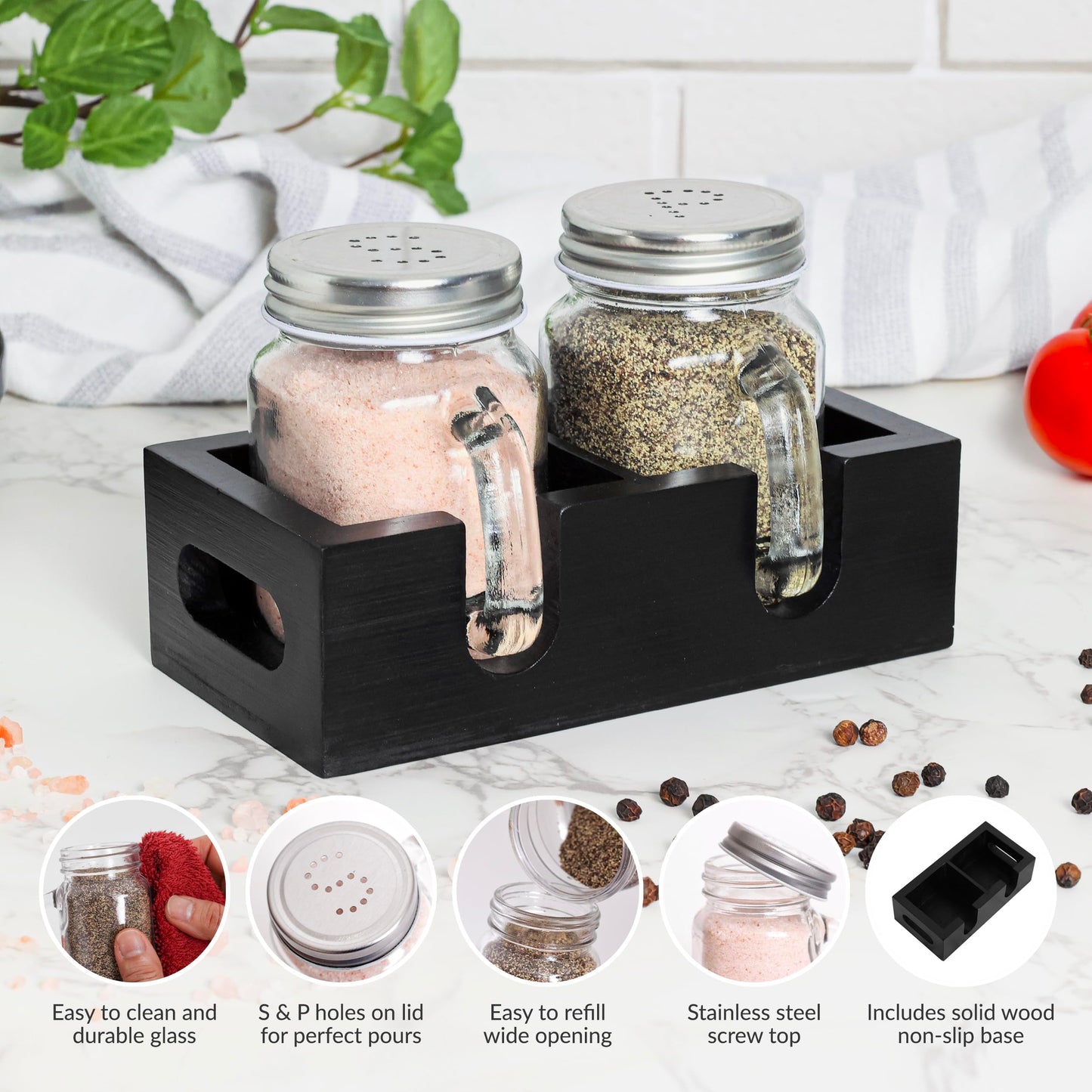 Mason Jar Salt and Pepper Shakers - Glass Shaker Set with Wood Holder Caddy, Easy to Clean & Refill for Farmhouse Kitchen Table, Home and Gifts (Black)