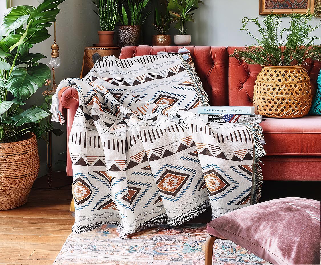 Lqprom Boho Throw Blankets Knit Bed Blankets with Tassel Aztec Western Throws Cover Farmhouse Decor for All Season Sofa Couch Chair Outdoor Camping Picnic Tent Beach Car Traveling 63"x87"
