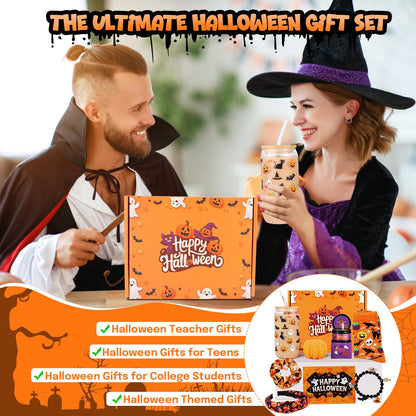 Munutix Boo Basket Stuffers for Women - 8pcs Halloween Gifts Basket for Teens Girls with 17oz Glass Cups & Spa Gifts - Boo Basket for Family, Friends, Her, Mom, Sister, Wife