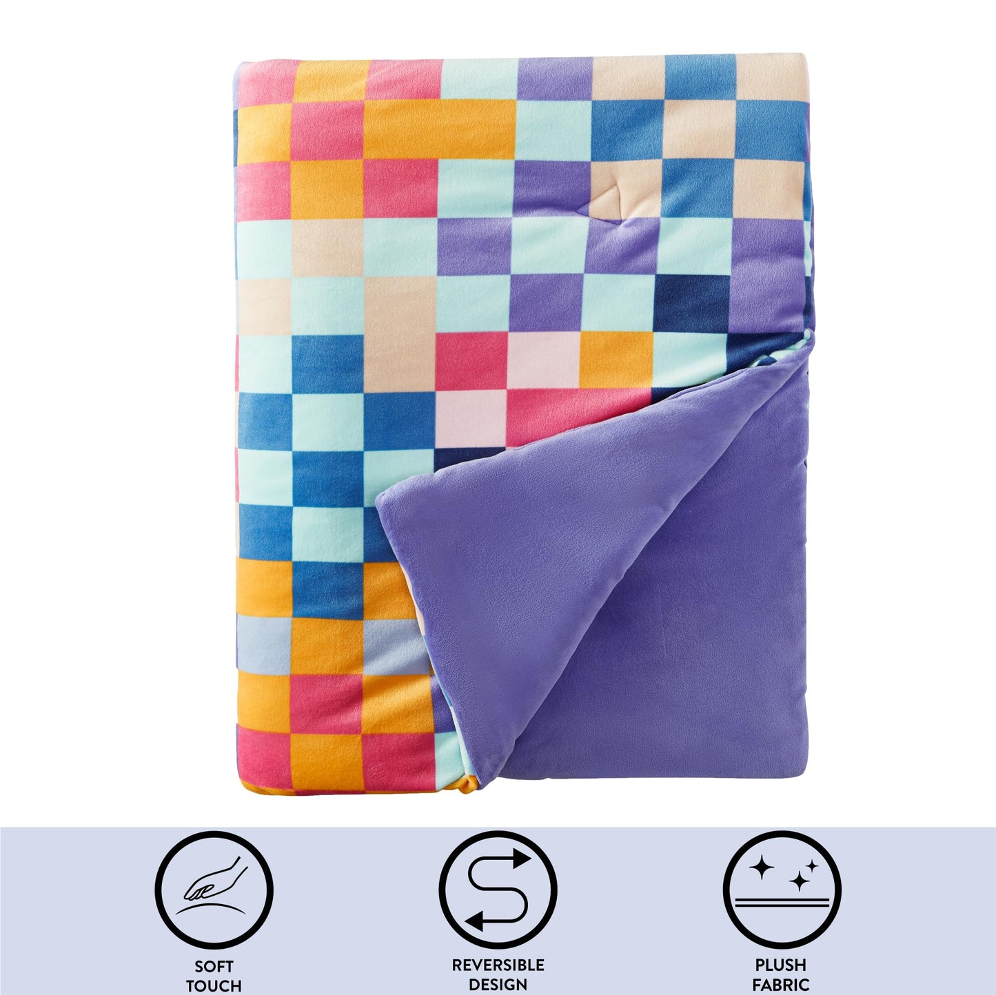Urban Lifestyle Smooshie Plush Throw Blanket – 50x60 Ultra Cozy Throw, Multicolor Checkered Pattern with Purple Reverse, Lightweight & Fluffy for Couch, Bed & Travel – Kids & Adults