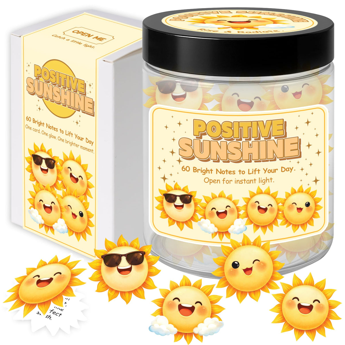 Positive Sunshine Jar – 60 Affirmation Cards for Emotional Support, Yellow Sunshine Gift for Women, Motivational & Uplifting Positivity for Coworkers, Friends, Boyfriend, Girlfriend & Teen Girls