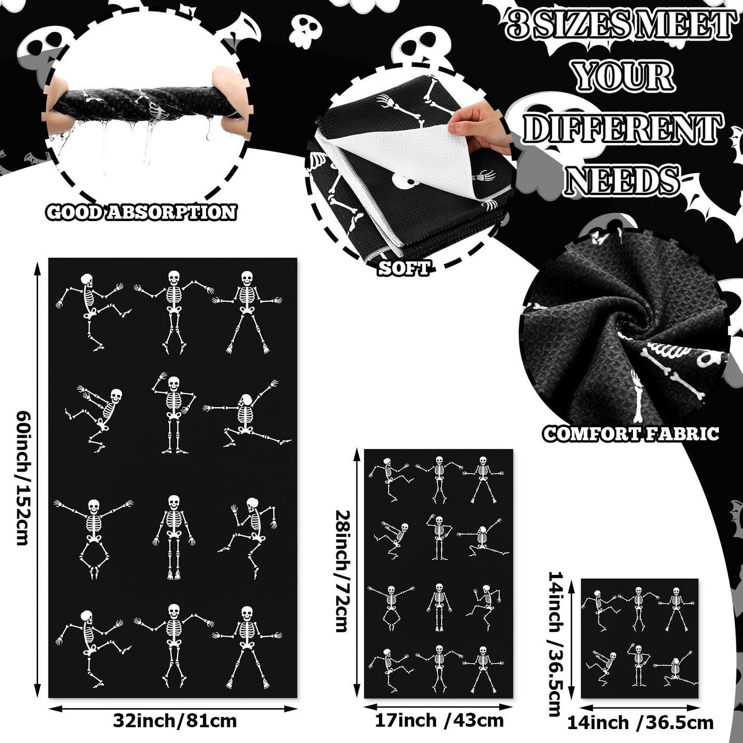 Preboun 3 Pack Halloween Skull Bathroom Towels Set Halloween Hand Towels for Bathroom Skeleton Bath Towels Dancing Skeleton Body Dish Towels Absorbent Fingertip Towel for Kitchen Hotel Beach Gym Spa
