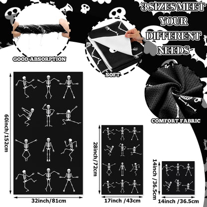 Preboun 3 Pack Halloween Skull Bathroom Towels Set Halloween Hand Towels for Bathroom Skeleton Bath Towels Dancing Skeleton Body Dish Towels Absorbent Fingertip Towel for Kitchen Hotel Beach Gym Spa