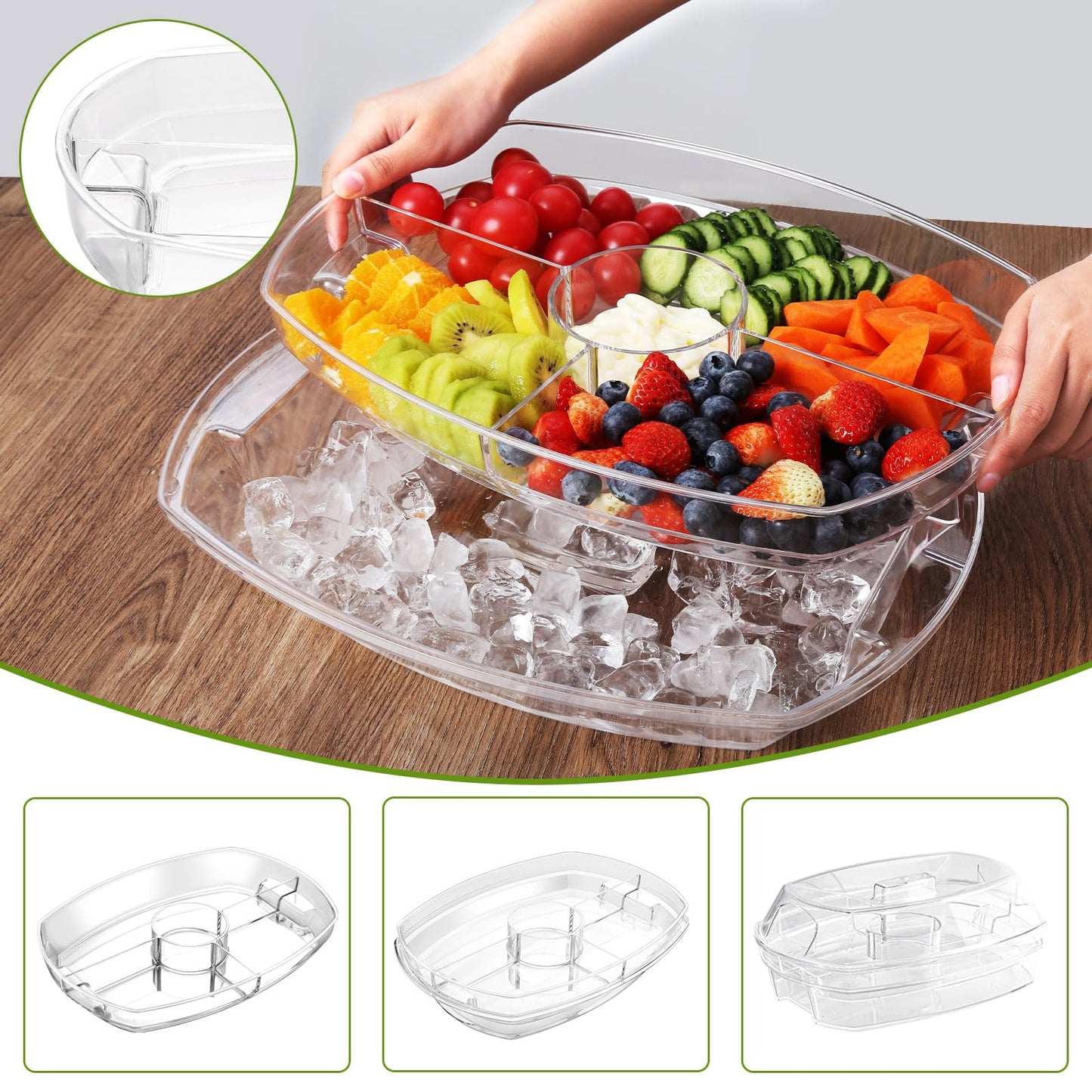 IVYHOME 3-Tier Chilled Serving Tray with Lid, 15" Fruit Ice Serving Platter with 4 Compartments, Shrimp Cocktail Serving Dish, Divided Serving Bowl for Parties