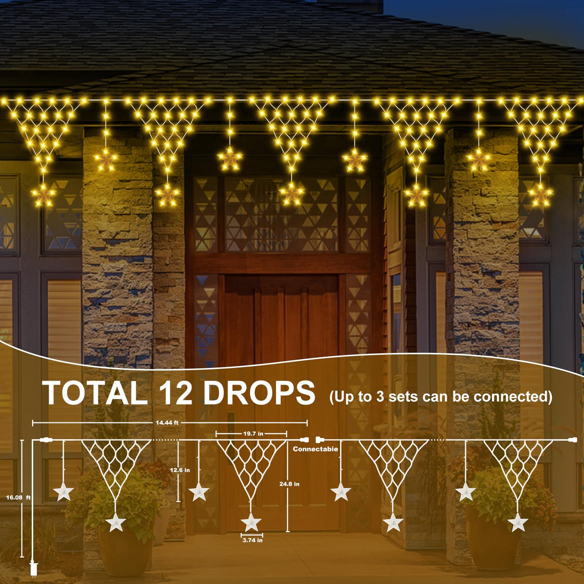 Ramadan Outdoor String Lights Waterproof, 218 LED 13.8FT Star Curtain Fairy Lights with 12 Drops Connectable Clear Wire Christmas Light Decorations 8 Modes for Eaves Yard Wedding Party Holiday Decor