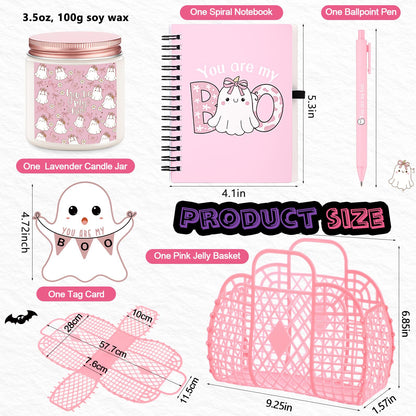 Roshtia 1 Set 7pcs Valentines You're My Boo Basket Gifts for Girlfriend You're My Boo Pink Ghost Handbag Throw Blanket Coffee Mug Candle Jar Spiral Journal Pen Card(Halloween)