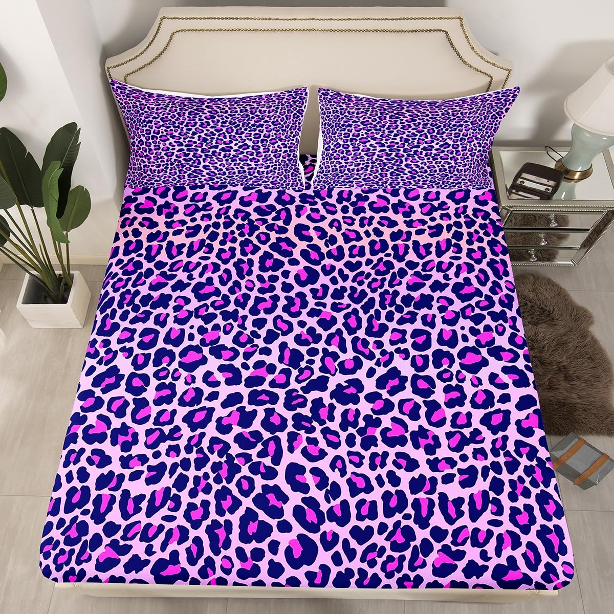 Feelyou Leopard Print Fitted Sheet Purple Cheetah Print Bedding Set Wild Animal Theme Bed Sheet Set for Girls Children Teens Bedroom Decor Stripe Bed Cover Twin Size with 1 Pillow Case